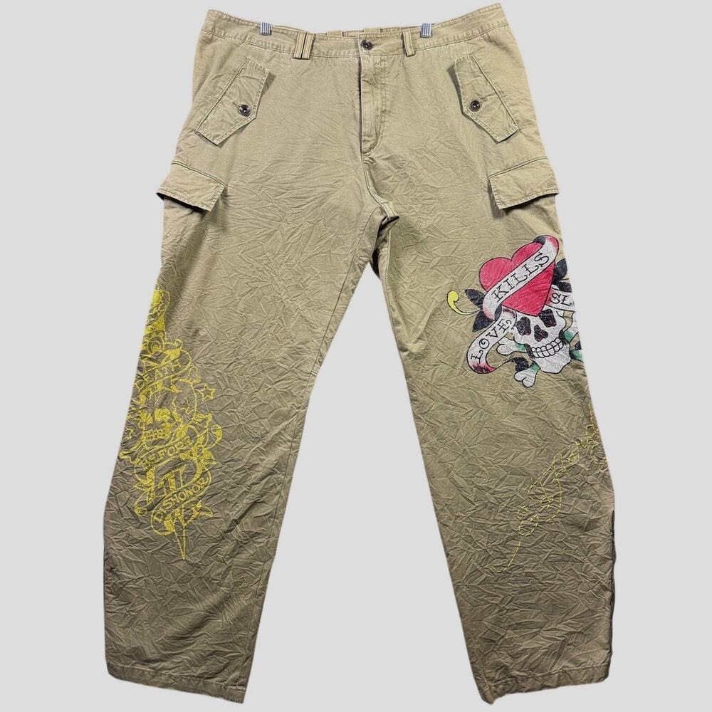 Ed‎ Hardy Cargo Pants Men’s 40x34 Love Kills Slowly Skull Y2K Streetwear Green